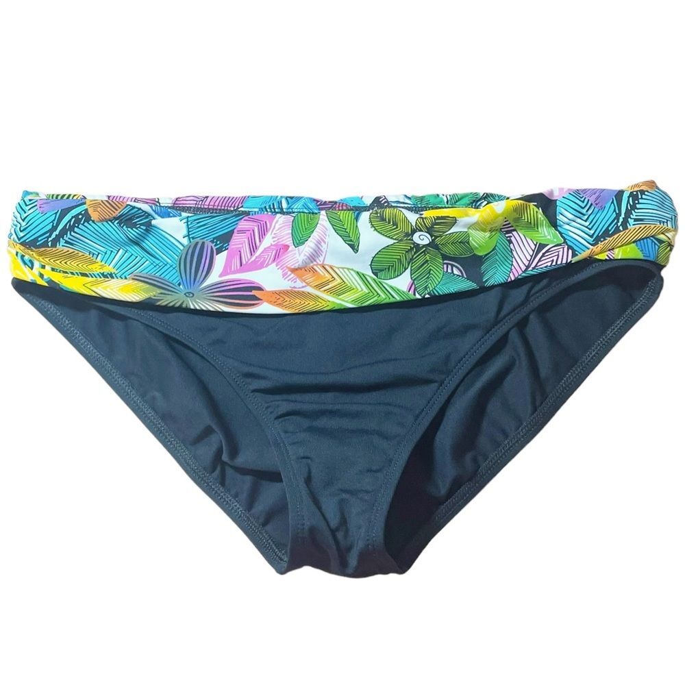 NWT La Blanca Vintage Y2K Ruched Tropical Waist Black Bikini Bottom Size 12 NEW